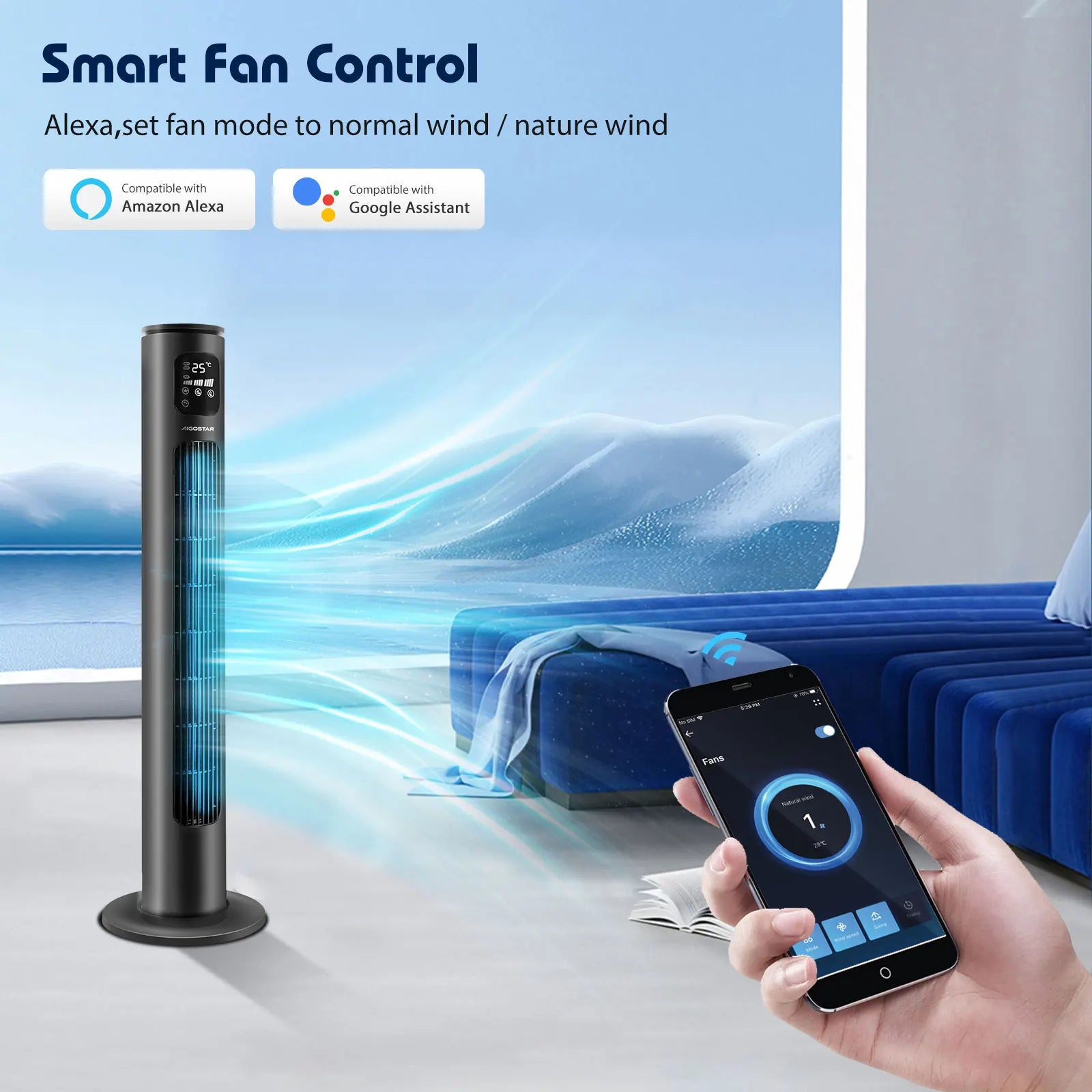 Aigostar Ross Smart - Ventilatore a torre Smart WiFi con telecomando, 50W, display LED, oscillazione 70°, 3 velocità 3 modalità, timer 24 ore, controllo APP, adatto per casa e ufficio