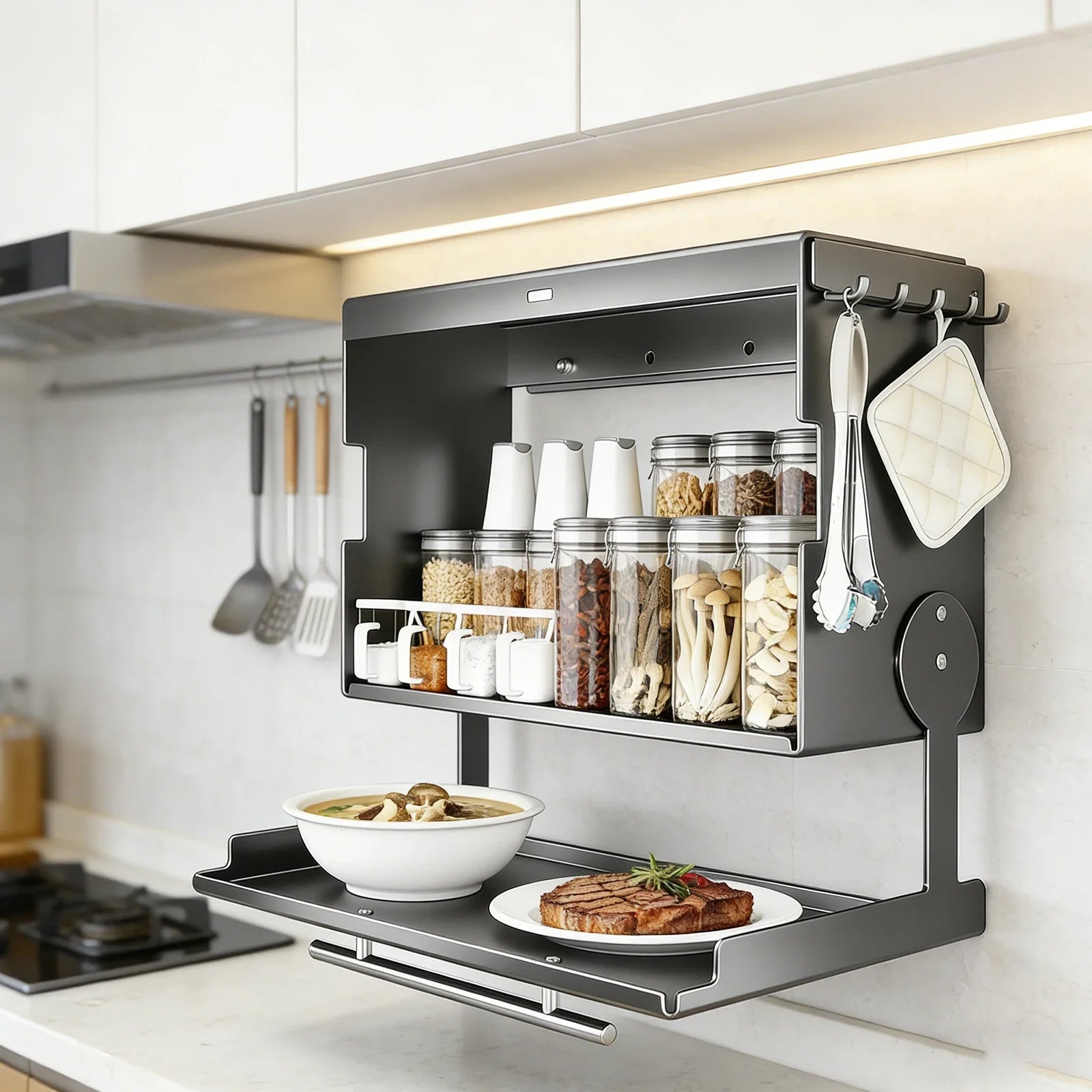 Porta Spezie Girevole da Parete Estraibile in Acciaio Inox con Ganci per Organizzazione Cucina e Bagno