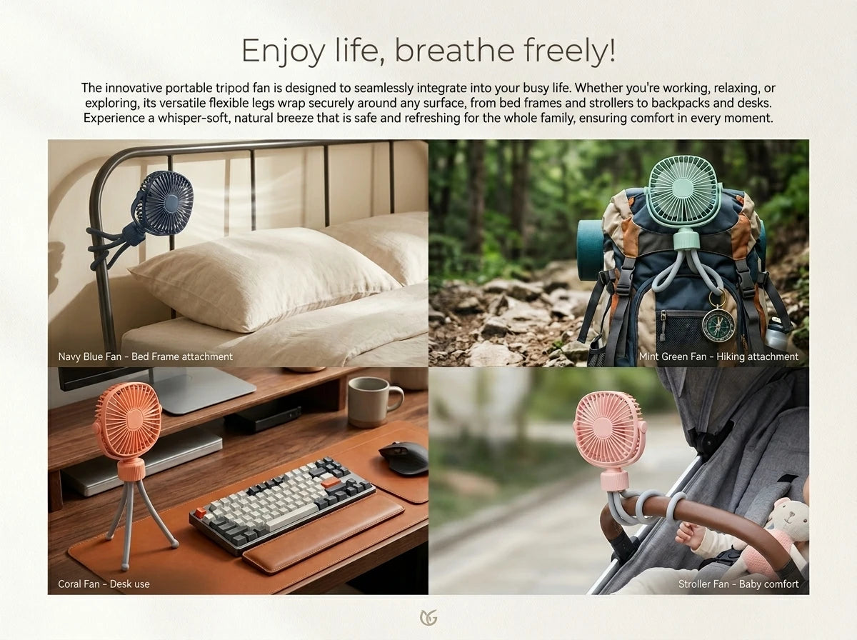 Ventilatore ricaricabile USB con treppiede flessibile, silenzioso e ad alta potenza, portatile per scrivania, passeggini e campeggio