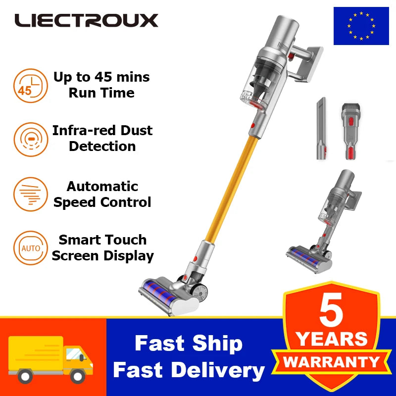 Liectroux i10 kabelloser Handstaubsauger, intelligente Stauberkennung, 250W BLDC, 27Kpa Saugkraft, Farb-Touchscreen, abnehmbarer Akku, 45 Minuten Laufzeit, leichter Stabstaubsauger für Teppiche