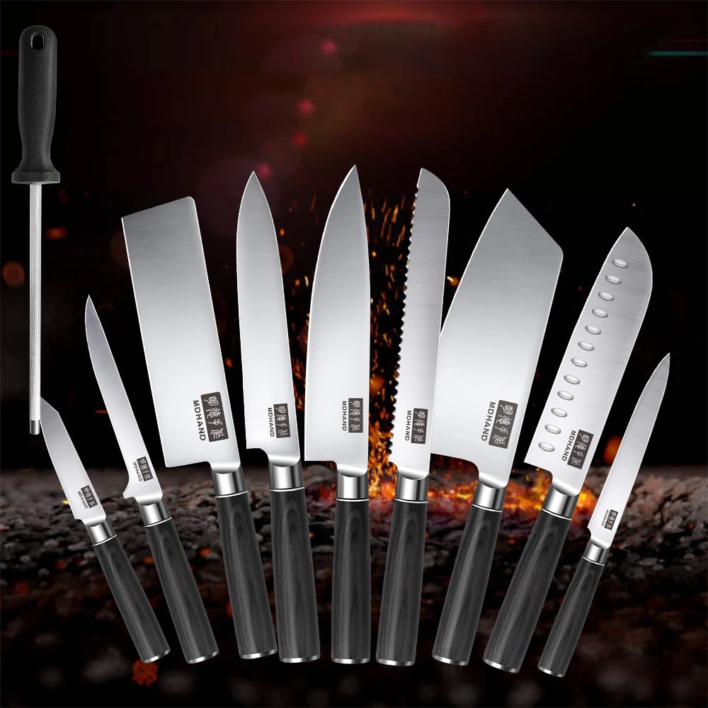 Professionelles 10-teiliges Küchenmesser-Set Chefmesser Tranchiermesser Hochkohlenstoffstahl Superscharfer Holzgriff Geschenkbox