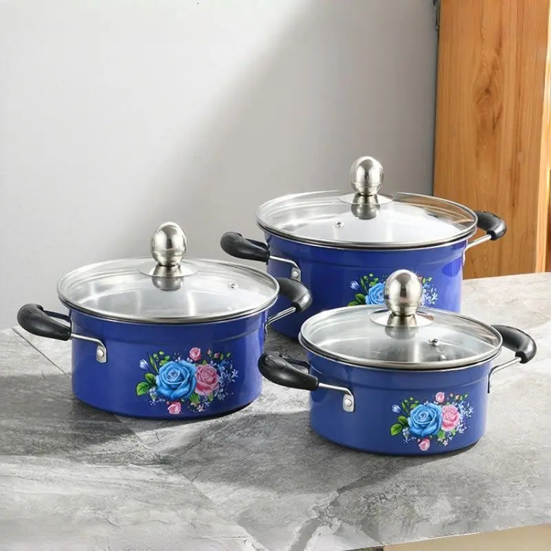 Set di Pentole da 6 Pezzi con Coperchi in Vetro, Motivo Floreale Classico, Set di Pentole Antiaderenti per Zuppe e Stufati, Compatibile con Fornelli a Induzione e Gas