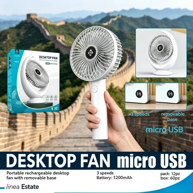 Ventilatore da tavolo silenzioso WETECH, mini ventilatore USB regolabile a 5 velocità, ventilatore ricaricabile con flusso d'aria potente per casa, ufficio, viaggi