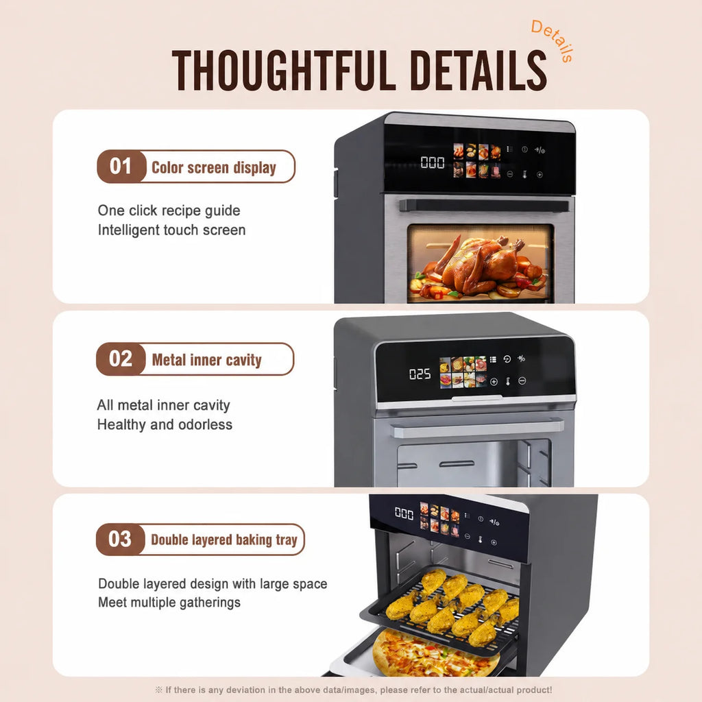 Forno Friggitrice ad Aria 1350W 20L, Interno in Metallo, Circolazione Aria Calda 3D, Doppio Strato, Schermo Touch a Colori, Spina EU