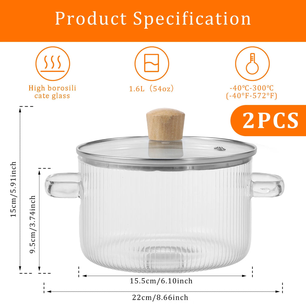 Glas-Kochtopf Transparenter Kochtopf mit Deckel Hitzebeständiger Glas-Suppentopf 1,6 l Glas-Kochtopf mit Doppelgriff Kochutensilien