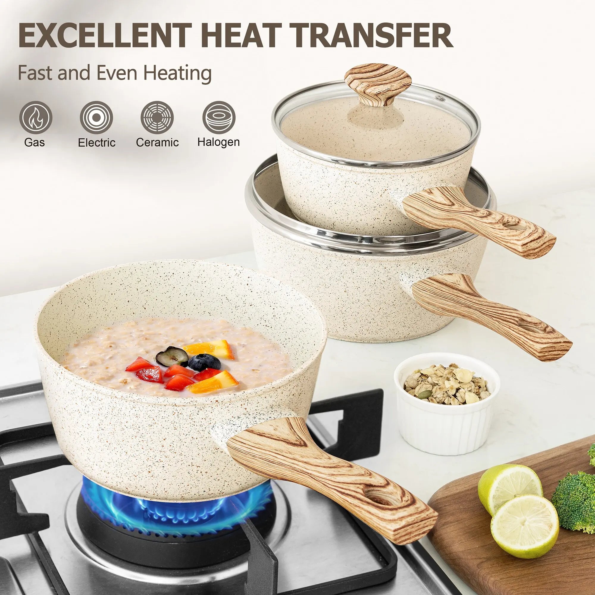 MICHELANGELO 3 Pz/set StickPot Casa Antiaderente Rivestito di Granito Padella con Manico Anti-Scottatura Fornello A Induzione Zuppa Pentola Utensili Da Cucina