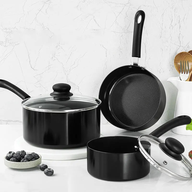Set di pentole da cucina nere da 3 pezzi Set di pentole antiaderenti da 1QT, 2QT e 3QT Set di pentole per zuppe e latte con coperchio in vetro temperato