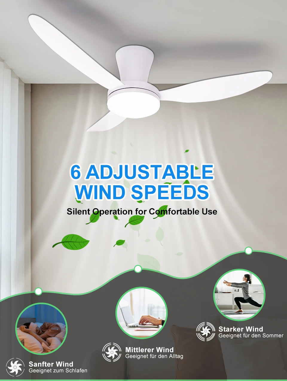 Ventilatore da Soffitto con Luce 42.91 Pollici, Motore DC Silenzioso a Risparmio Energetico, 3 Colori Variabili, 6 Velocità Regolabili, per Camera da Letto e Soggiorno