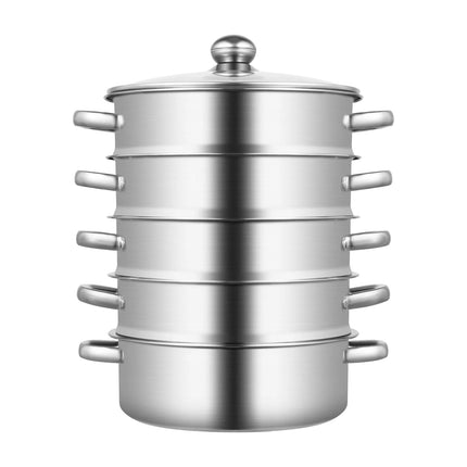 5-Tier 26cm Stainless Steel Steamer Pot, Durable Steaming Cooker with Glass Lid