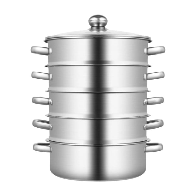 5-Tier 26cm Stainless Steel Steamer Pot, Durable Steaming Cooker with Glass Lid