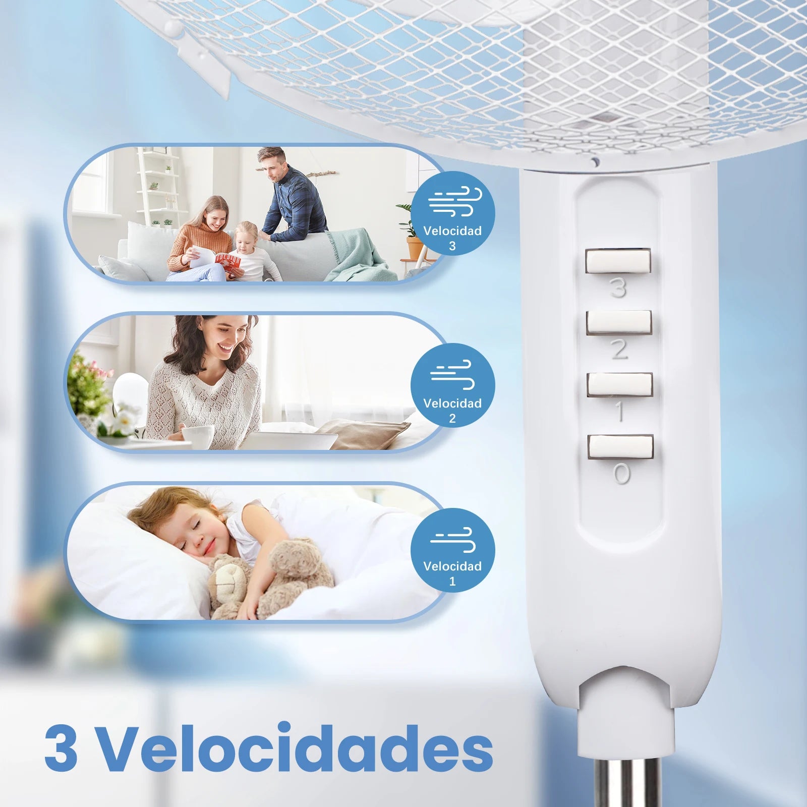 Aigostar Erika - Ventilatore a piantana, 7 pale, diametro di 41 cm, 50W, ventilatore silenzioso con oscillazione di 75°, 3 velocità, altezza regolabile da 108-123 cm, bianco