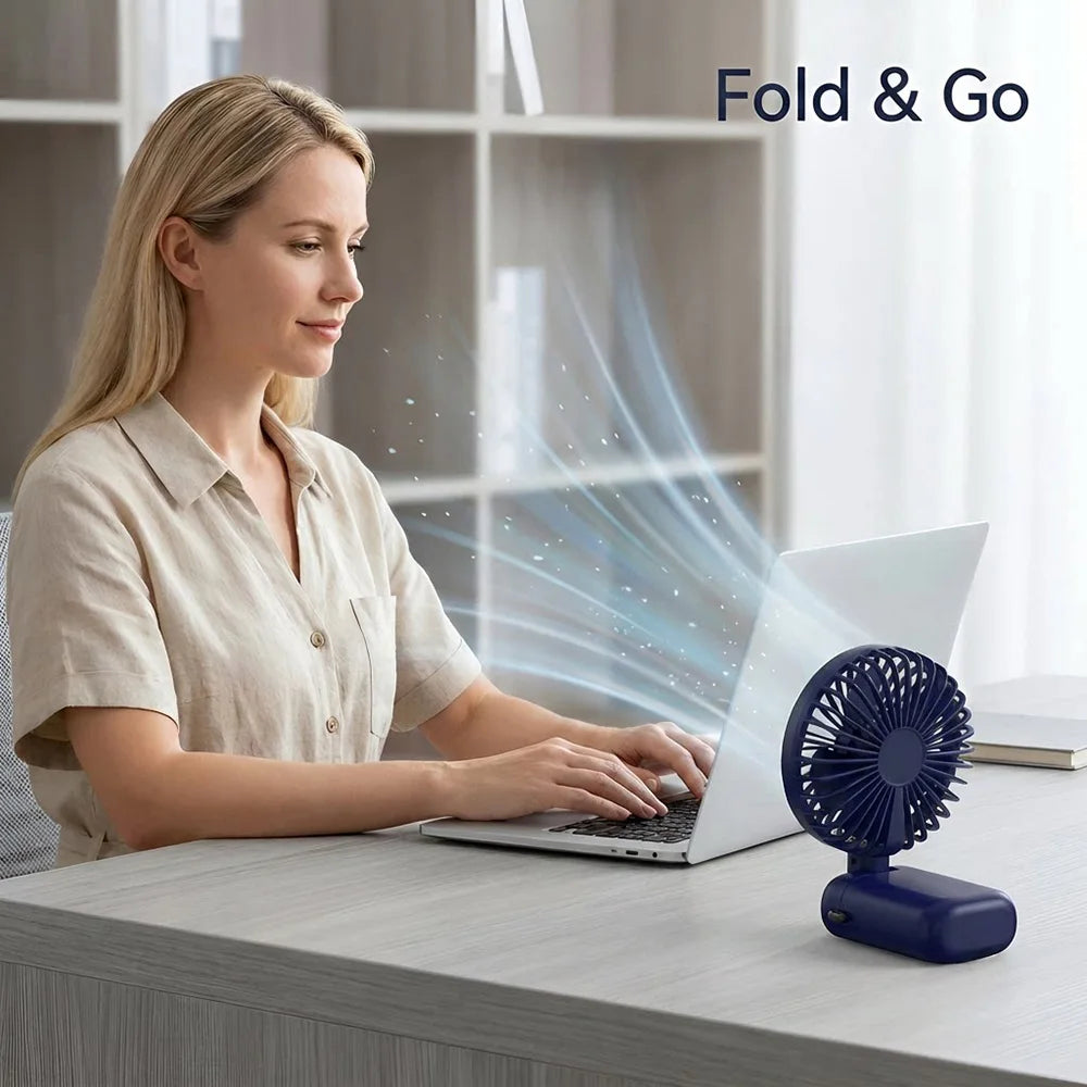 Mini Ventilatore USB con Display LED, Silenzioso 3 Velocità, Ricaricabile 1200mAh, Portatile da Scrivania per Ufficio Casa Viaggio, 2 Colori (Blu Marino/Verde Oliva)