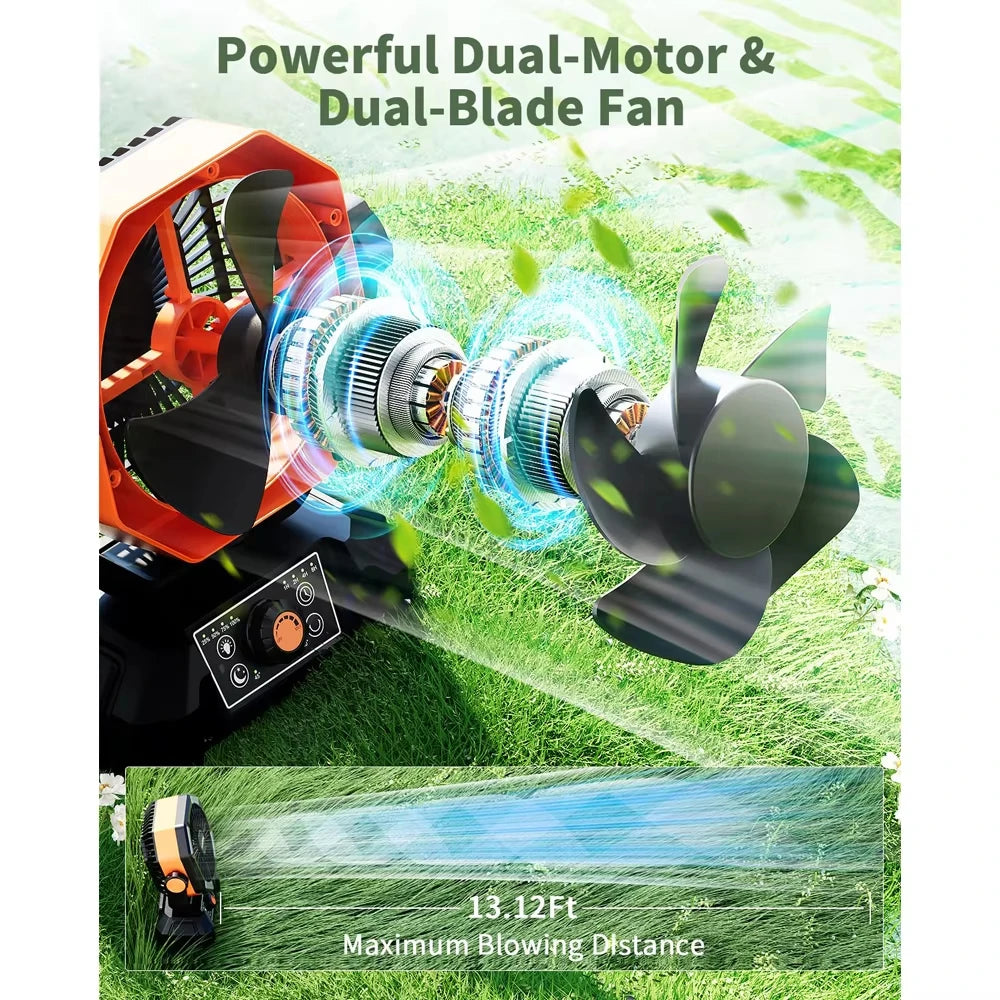 Ventilatore da campeggio con batteria da 20000 mAh con lanterna a 4 LED Ventilatore da tavolo a 8 velocità Ventilatore da esterno portatile per tenda da campeggio all'aperto e pesca