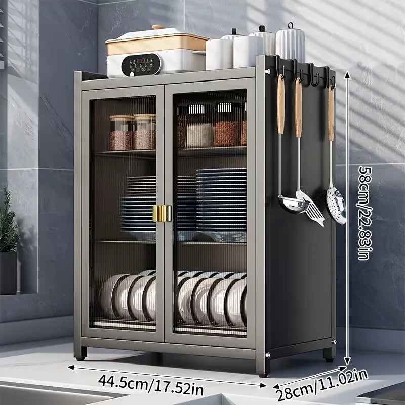 3/2-stöckiger Küchenschrank mit Klapptüren, Mikrowellenregal, Gewürz- und Flaschenhalter, Geschirrhalter mit Klappschublade