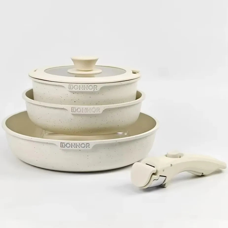 DONNOR 5-teiliges/17-teiliges Antihaft-Pfannenset, ungiftige Pfanne mit abnehmbarem Griff, Aluminium-Druckguss-Milchkasserollen-Set
