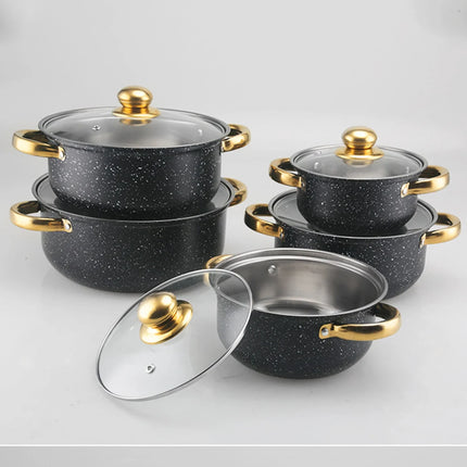 10-piece polka dot cookware set Stainless steel soup pots with gold handle and glass lid Durable household cooking pot set