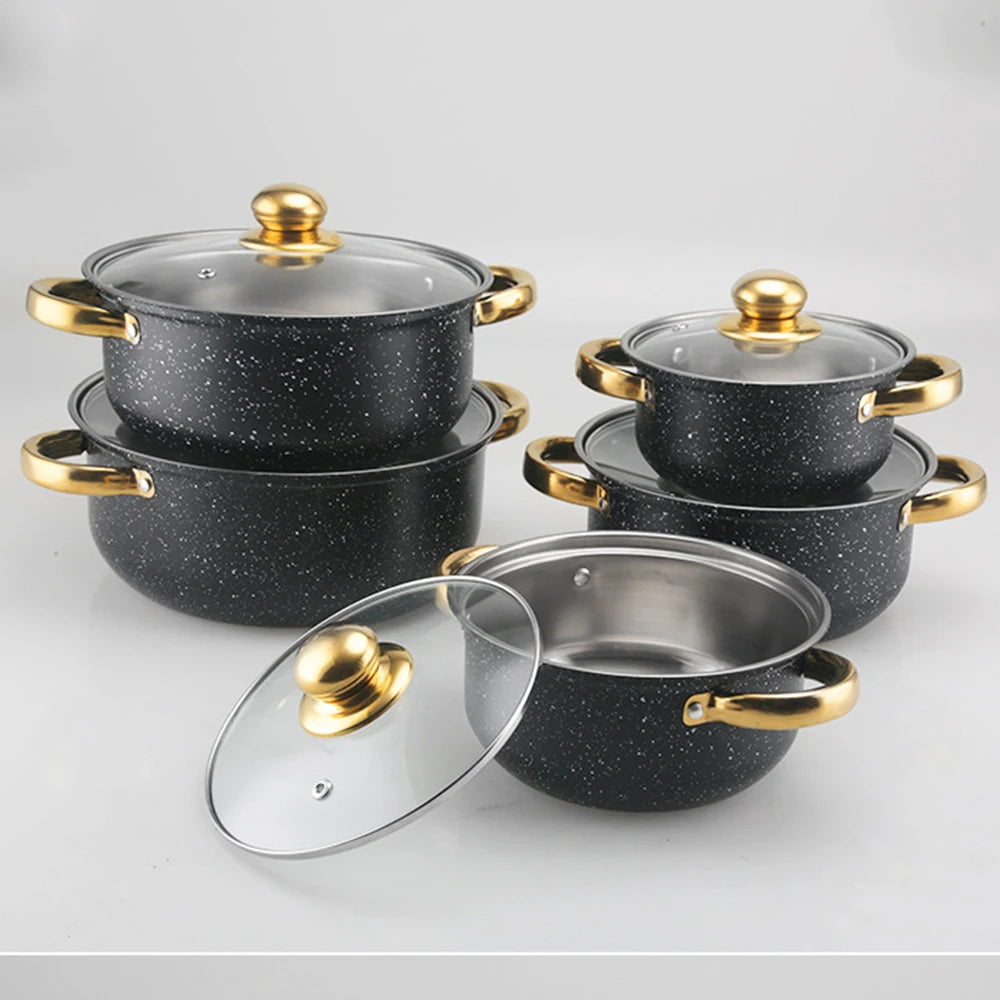 10-teiliges Kochgeschirrset mit weißen Punkten, Suppentöpfe aus Edelstahl mit goldenem Griff und Glasdeckel, langlebiges Kochtopfset für Zuhause