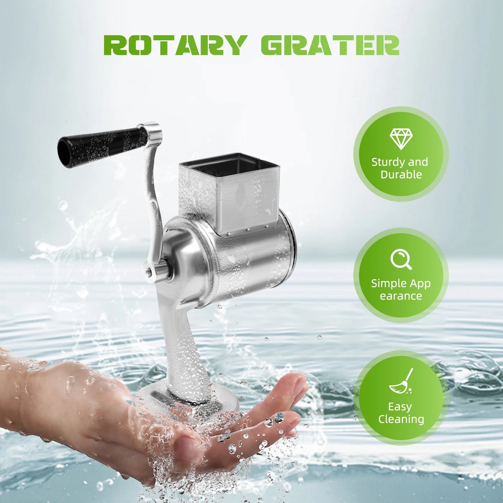 Rotationsreibe, Küchenreibe, Hobel und Zerkleinerer, mit 5 Edelstahlklingen, manueller Trommelhobel mit Kurbel, Gemüsehäcksler