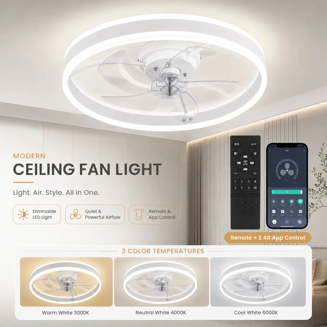Ventilatore da soffitto con luce LED dimmerabile 50 cm bianco telecomando