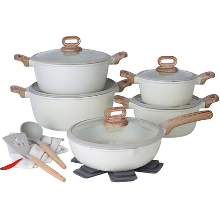 DONNOR Set di pentole in ceramica, 15 pezzi, antiaderente, per piani cottura a induzione, con set di padelle