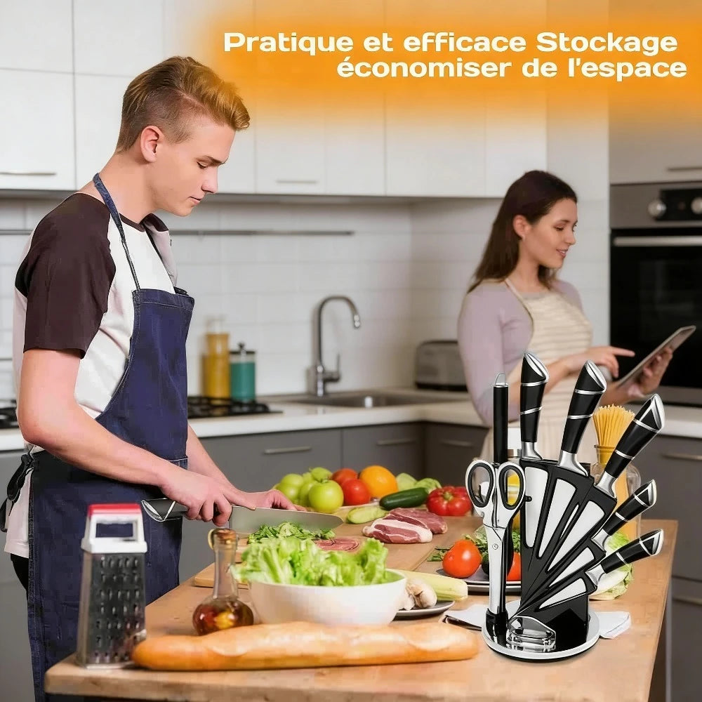 9-teiliges schwarzes Küchenmesserset mit hohlem Edelstahlgriff, scharf, langlebig, rostfrei, mit Messerblock, ideal für Zuhause oder als Geschenk.