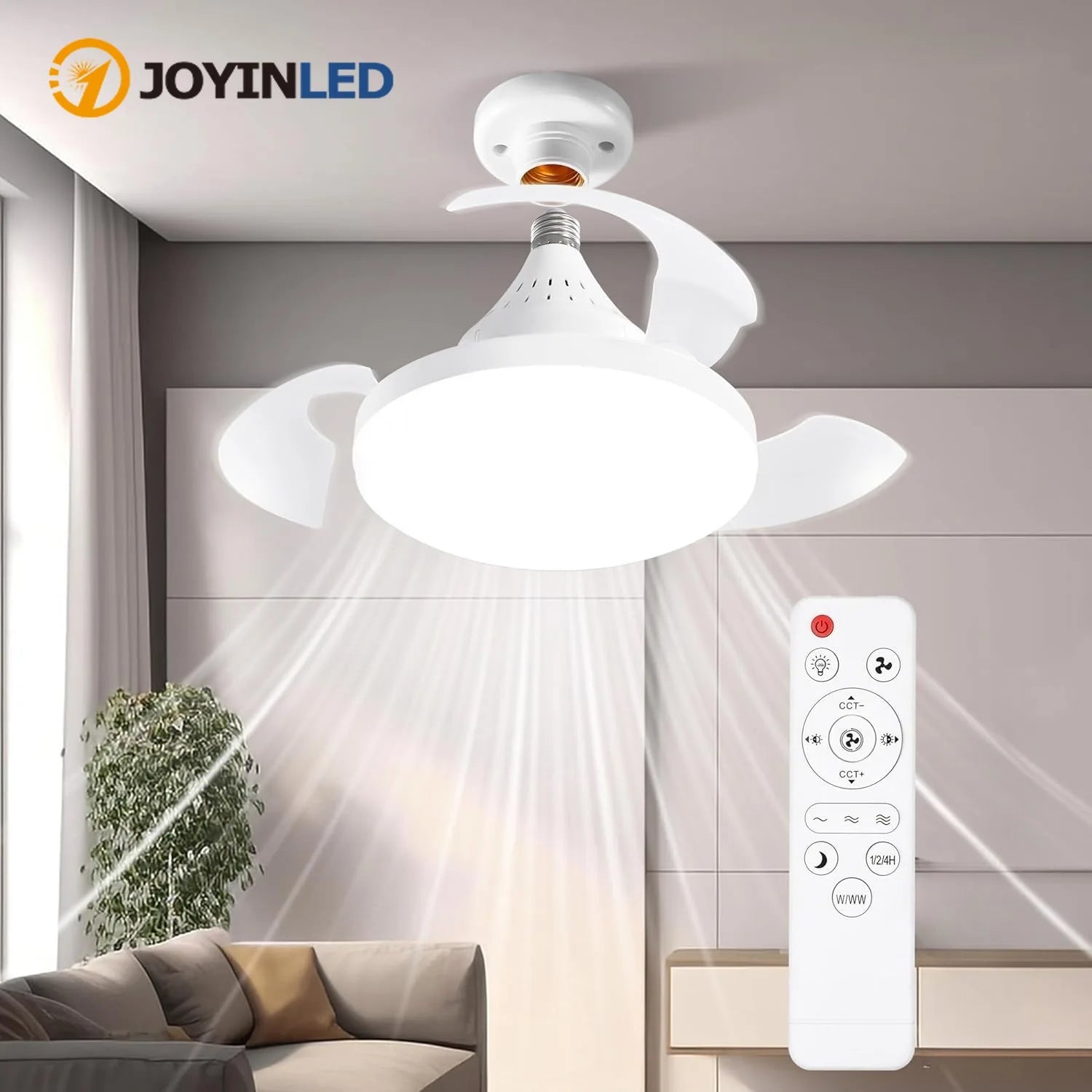 Ventilatore da soffitto JOYINLED con illuminazione e telecomando, pale retrattili a scomparsa, luce dimmerabile, silenzioso, 3 velocità per camera da letto