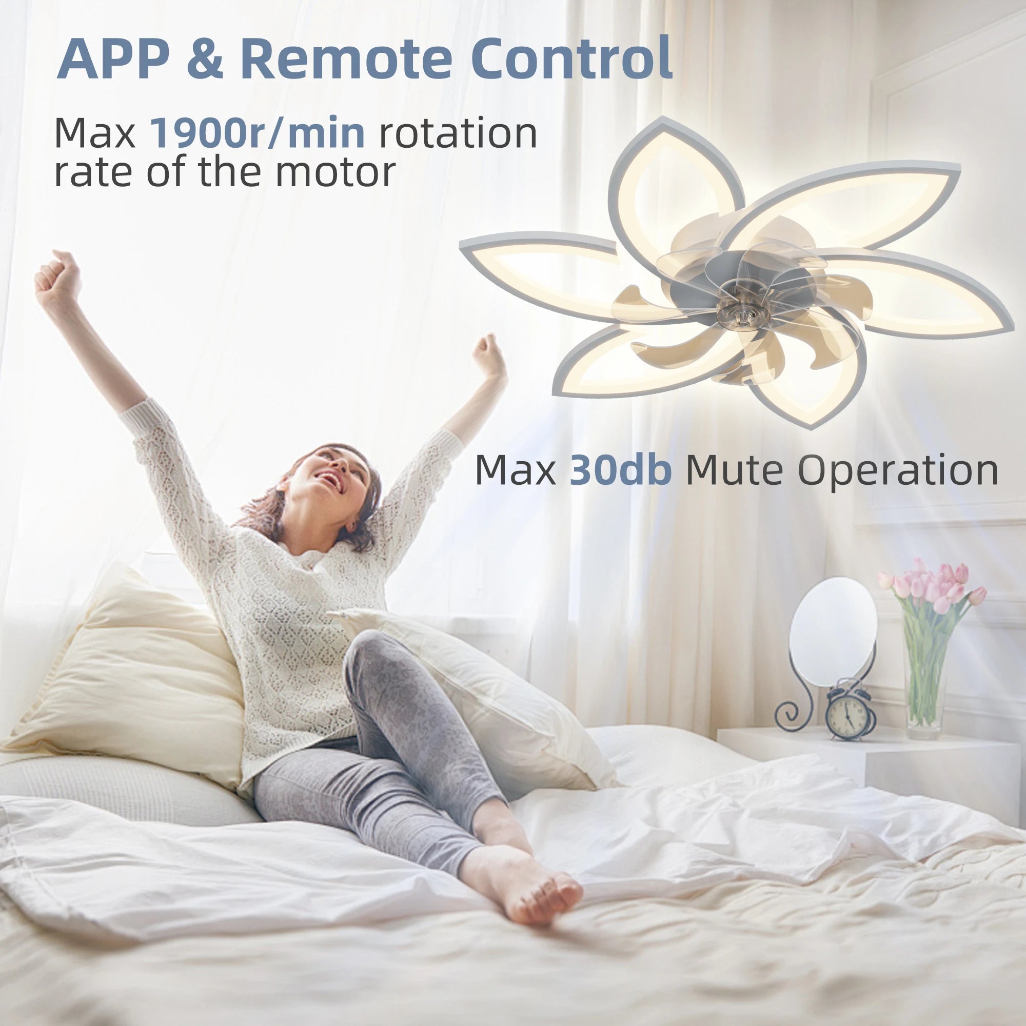 Ventilatore da Soffitto con Luce a Fiore Bianco, LED in Acrilico, 6 Velocità, Controllo Bluetooth