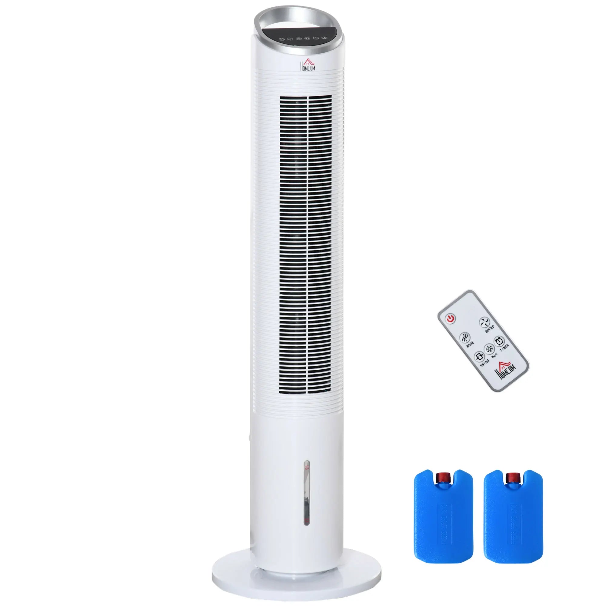 Ventilatore a torre da 60W raffreddato ad acqua con telecomando, funzione umidificante, timer di 8 ore, adatto per ambienti inferiori a 20 m². ㎡ Diametro 30 cm, altezza 100,8 cm.