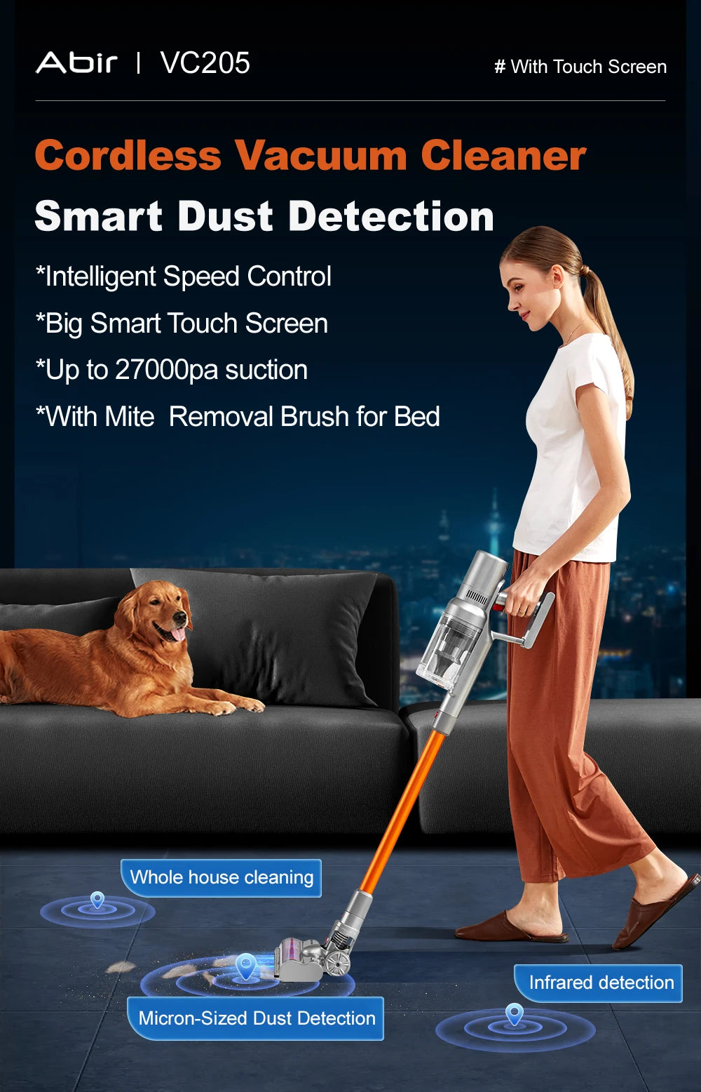 ABIR VC205 aspirapolvere portatile senza fili, 27000PA, rimozione intelligente della polvere, grande Touch Screen, con aspirapolvere intelligente per la casa degli animali domestici