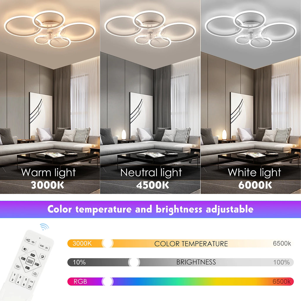 Ventilatore da soffitto a LED RGB con telecomando, lampada da soffitto con illuminazione RGB, plafoniera da 96 cm per camera da letto, soggiorno, ventilatore silenzioso