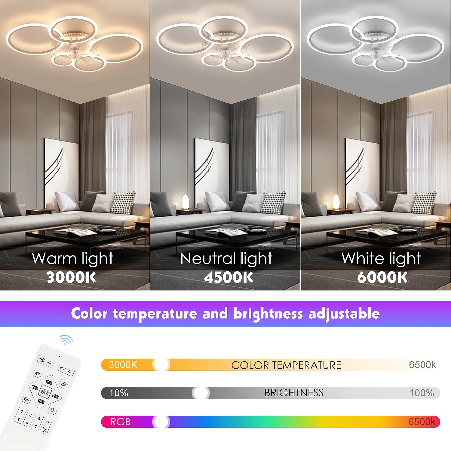 Ventilatore da soffitto a LED RGB con telecomando, lampada da soffitto con illuminazione RGB, plafoniera da 96 cm per camera da letto, soggiorno, ventilatore silenzioso