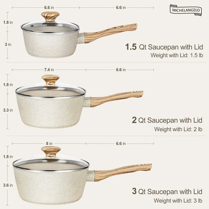 MICHELANGELO Set 3 pezzi padella antiaderente con rivestimento in granito e manico anti-scottatura, compatibile con fornelli a induzione, pentola per zuppe, utensili da cucina