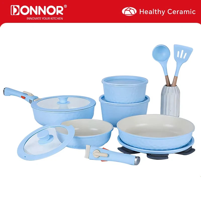 DONNOR 17 Pezzi Set Pentole e Padelle Set di Pentole da Cucina Antiaderenti a Induzione con Manico Staccabile Lavabile in Lavastoviglie Forno JT444