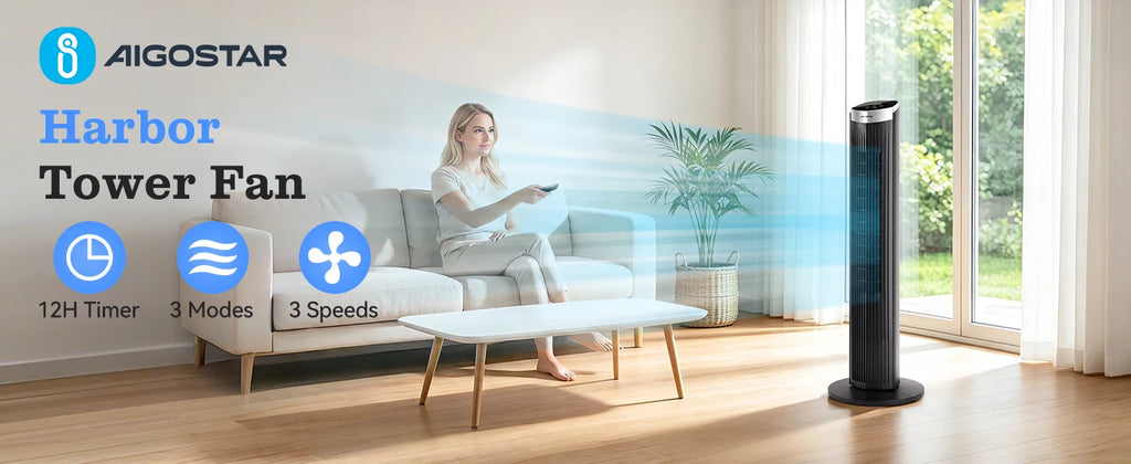 Aigostar Digitaler Turmventilator mit Fernbedienung/12-Stunden-Timer. 4 Modi und 3 einstellbare Geschwindigkeiten. 45W Leistung, 65° Oszillation, 93CM, für Zuhause und Büro, Schwarz