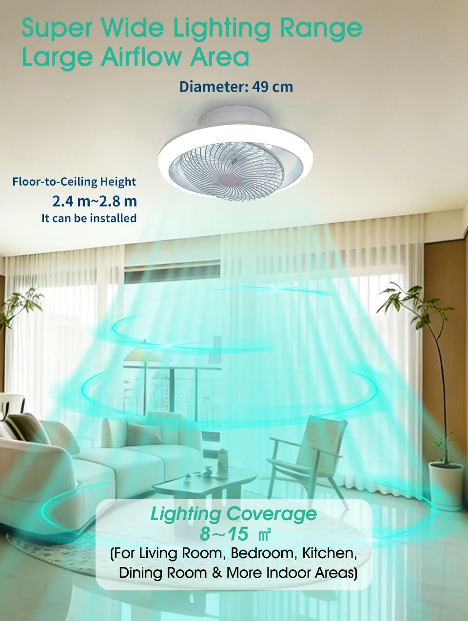 Ventilatore da Soffitto Intelligente con Luci a 360° °   Lampada Ventilatore Moderna Girevole con Controllo Remoto APP, Dimmerabile, 6 Velocità del Vento, Flusso d'Aria Reversibile per Interni