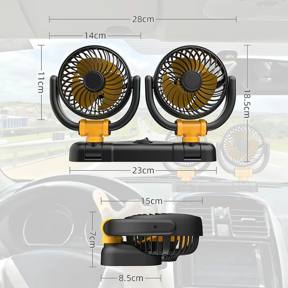 Ventilatore per Auto 12V a Doppia Testa con Rotazione a 360 Gradi, Portatile, 2 Velocità, Vento Forte, Alimentazione da Presa Accendisigari per Camion, SUV, Camper