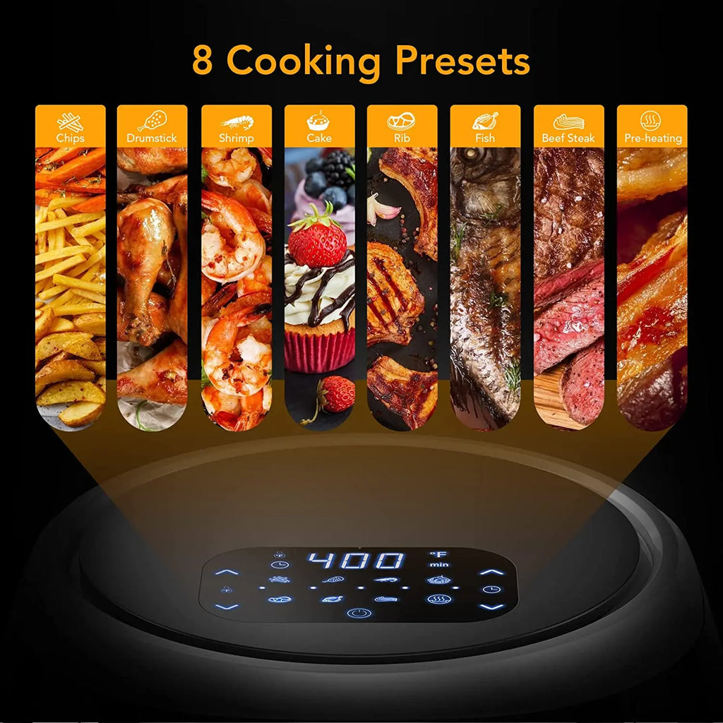 8L digitale Heißluftfritteuse – schnelles Garen 1800W, Touchpanel, 8 voreingestellte Programme, 360° Zirkulationstechnologie, ölfrei, antihaftbeschichtet, spülmaschinenfest, Familiengröße, schwarz