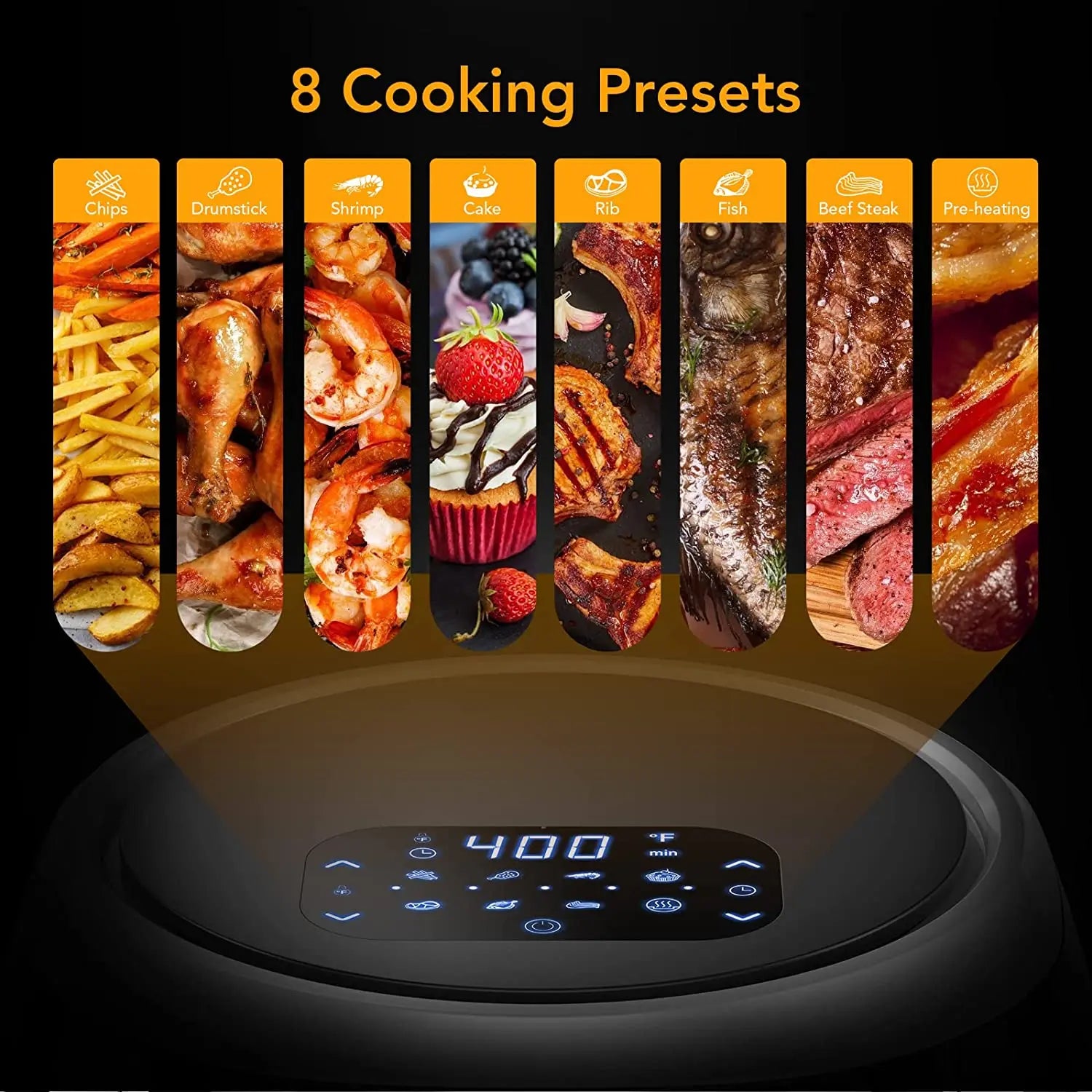 8L digitale Heißluftfritteuse – schnelles Garen 1800W, Touchpanel, 8 voreingestellte Programme, 360° Zirkulationstechnologie, ölfrei, antihaftbeschichtet, spülmaschinenfest, Familiengröße, schwarz