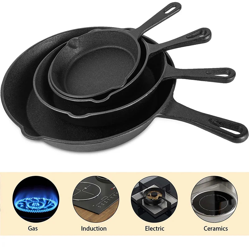 Set di 4 padelle in ghisa non rivestita, padelle di diverse dimensioni 14/16/20/26 cm, pentole con ritenzione uniforme del calore, compatibili con induzione, gas e fuoco aperto per cucinare in cucina
