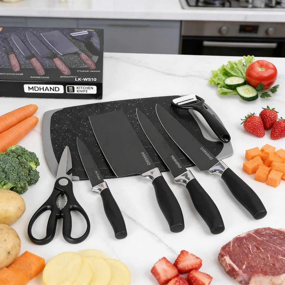 ZENG 7-teiliges professionelles Küchenmesserset mit Sternenmuster, Edelstahl, ergonomischer Griff, mit Schneidebrett, Schere und Geschenkverpackung