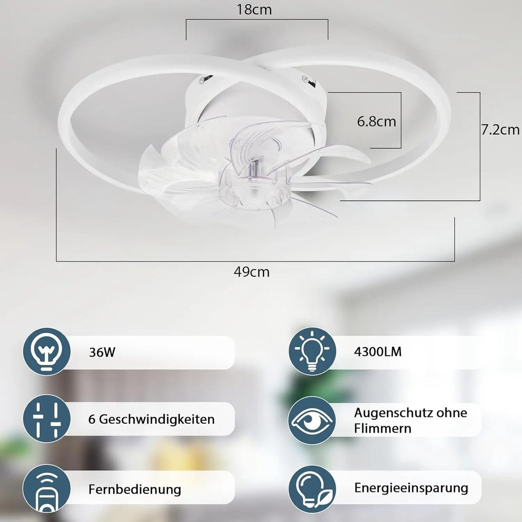 Ventilatore da soffitto a LED con luce bianca 36W, silenzioso, telecomando, 3 temperature di colore, 6 velocità