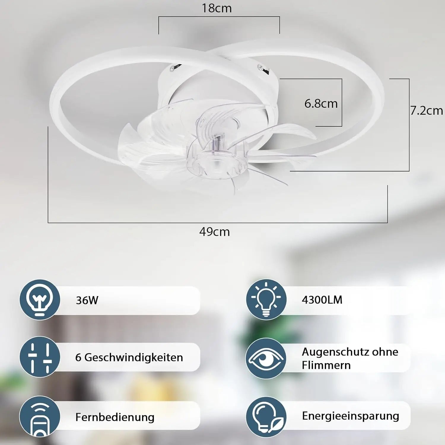 Ventilatore da soffitto a LED con luce bianca 36W, silenzioso, telecomando, 3 temperature di colore, 6 velocità