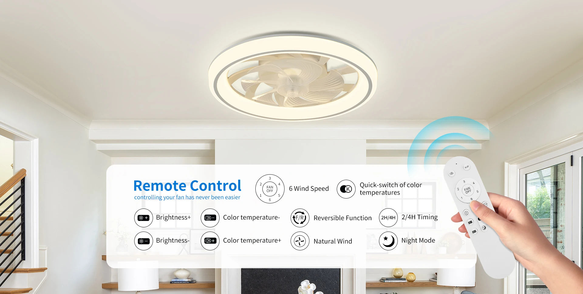 Ventilatore da Soffitto Intelligente con Telecomando e Luce Dimmerabile, Moderno per Camera da Letto, Silenzioso con LED