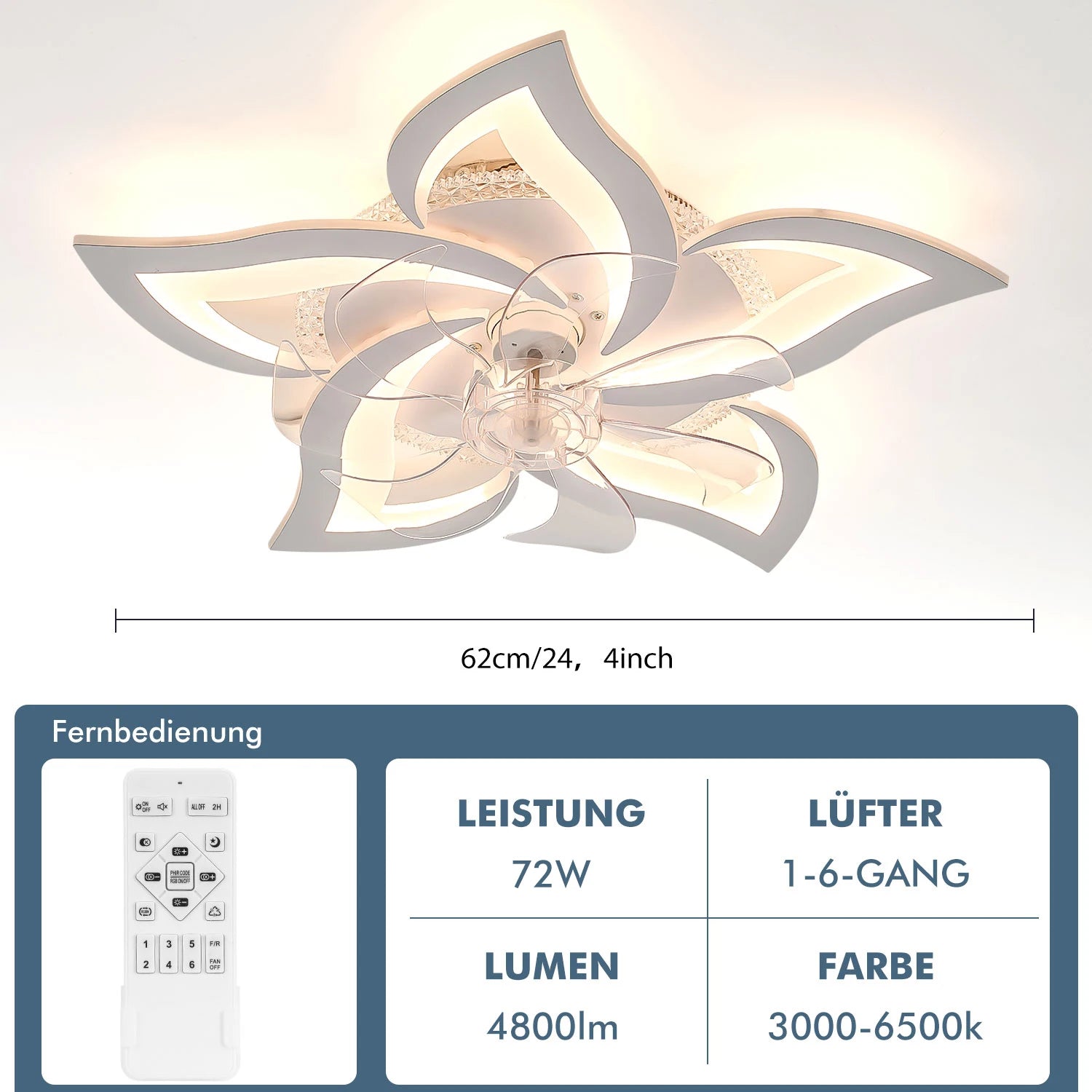 Ventilatore da soffitto LED Oyajia 50W con telecomando, moderno, diametro 62 cm