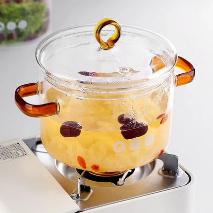 Pentola per zuppa in vetro trasparente con coperchio, pentola con doppio manico, pentola per uso domestico resistente al calore ad alta temperatura