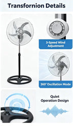 Höhenverstellbarer Standventilator mit 5 Flügeln, leise, oszillierend, großes Luftvolumen, für Zuhause, Schlafzimmer, Wohnzimmer