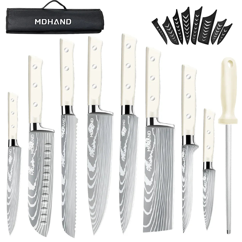MDHAND Messerset, 8-teilig, scharfes japanisches Kochmesser, Hackbeil, Mehrzweckmesser für Brot und Scheiben, ABS-Griff mit Nylontasche