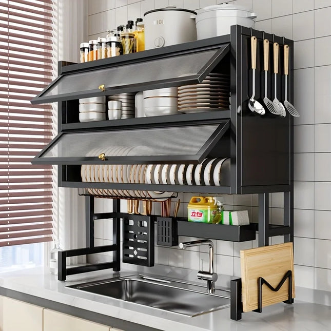 Over Sink Dish Drying Rack with Utensil Holder - Dustproof Carbon Steel Organizer for Dishes/Pots/Cutting Boards | Space Saver Kitchen