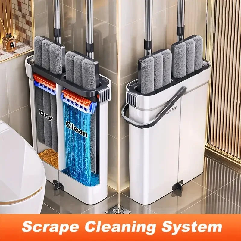 JOYBOS 40cm Flachwischmopp-Set „Hands Free“ mit Eimer, rotierender Bodenreiniger, waschbare Mikrofaser für Bad, WC und Zuhause
