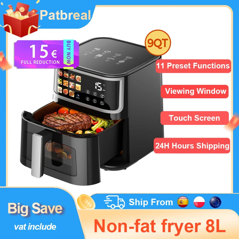 Patbrela Friggitrice ad Aria 8L 1700W con Touch Screen LED e 11 Funzioni Preimpostate
